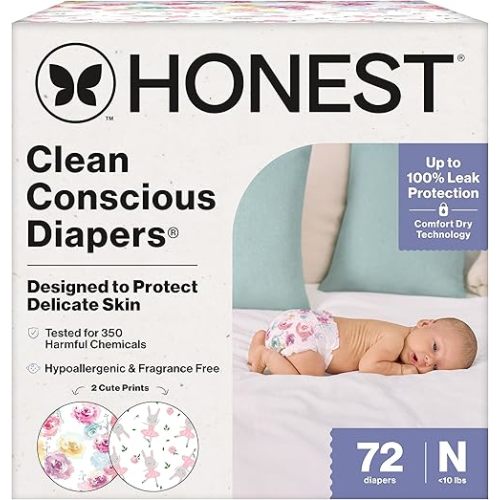 The Honest Company Clean Conscious Diapers for Sensitive Skin, Up to 100% Leakproof, Hypoallergenic, Fragrance Free, Girl Prints, Club Box, Size Newborn, 72 Count (Prints May Vary)