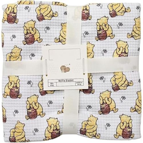 Sugar Lily's Classic Pooh Baby Blanket, 100% Cotton, Waffle Weave, Cozy, Nostalgic Design