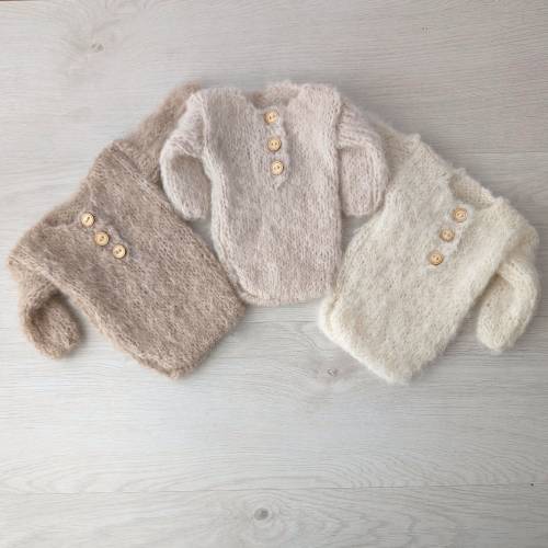 Newborn bodysuit for photography, Knitted alpaca romper and hat set newborn photo props accessories, Newborn Outfit, 11 colors available COLOR BEIGE, Hat & Suit