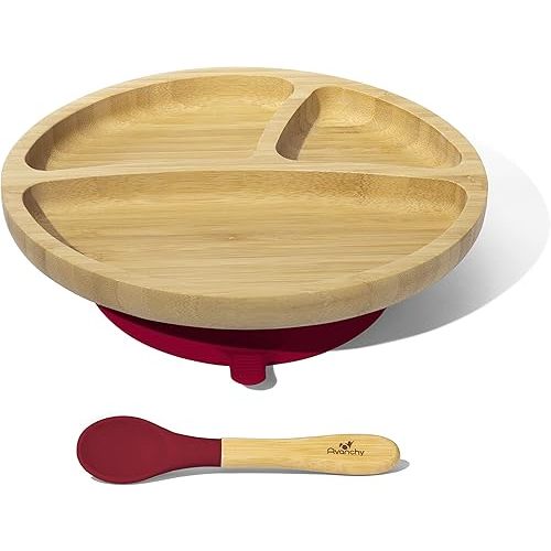 Avanchy Toddler Baby Plates Divided Bamboo, Suction for Babies Kids Toddler Food with Silicone Spoon for Feeding, Magenta