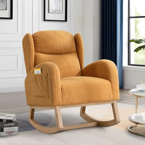 Rocking Glider Chair for Nursery, Wingback Teddy Accent Rocker Chair Upholstered Tall Back Arm Chair w/Side Pockets, Modern Leisure Single Sofa for Living Room, Hotel, Bedroom, Baby Room, Khaki