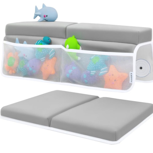 Baby Bath Kneeler and Elbow Rest Pad Set - Baby Bath Support for Knees and Elbows - Bath Kneeler Pad with Memory Foam and Bath Toys Organizer - Ideal Bath Kneeling Pad for Bathing Baby - Grey