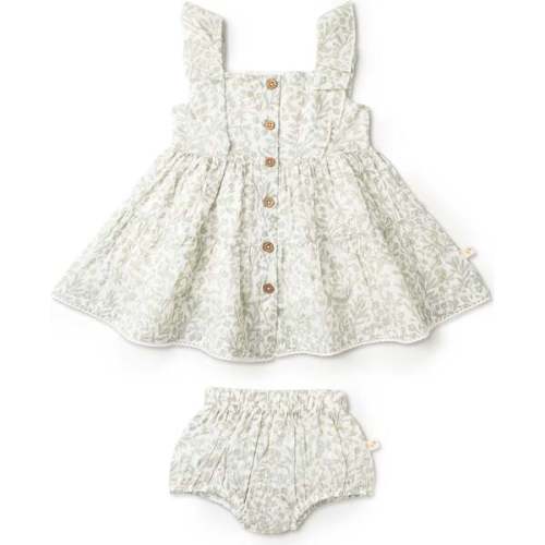Organic Flutter Buttoned Tiered Dress, Sage Floral - Makemake Organics | Maisonette