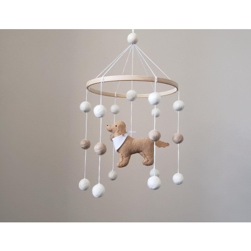Golden retriever dog baby mobile,felt balls mobile,boho mobile dog,boys nursery mobile,dog mobile for nursery