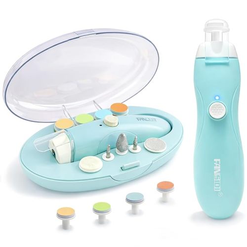 Fansidi Baby Nail Trimmer Electric, Easy & Safe Nail File for Newborn Infant Toddler, Whisper-Quiet Nighttime Use, 4-Stage Age-Matched Grinding Heads, LED Light, 18-Piece Kit, Blue, Baby Shower Gift