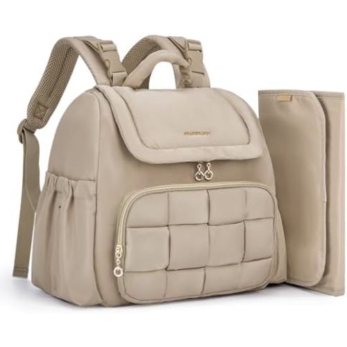 mommore Diaper Bag, Small Baby Diaper Bag, Puffer Quilted Diaper Backpack with Changing Pad, Insulated Pockets, Stroller Strap, Woven Baby Bag for Travel Work