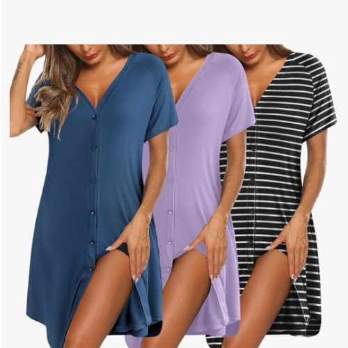 Ekouaer 3 Pack Women's Nightshirt Button Down Nightgown Short Sleeve Sleepshirt V Neck Pajama Dress with Pockets