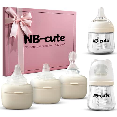 NB‐cute Glass Baby Bottles Anti Colic Set 2 Pack 100ml and 180ml BPA Free Heat Resistant Borosilicate Glass with 3 Silicone Nipples Wide Neck Gift Box Baby Shower Easy to Sterilize for Newborn Infant