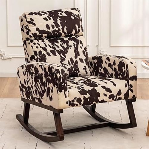 Rocking Chair Nursery, Nursing Rocker Armchair with High Backrest, Comfy Rocking Chair for Nursery, Living Room,Bedroom, Cow