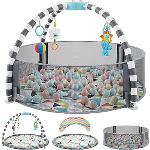 JOY & LOTUS 4 in 1 Baby Play Gym and Ball Pit - Baby Gym with 6 Toys, Balls, Tummy Pillow, Tummy Time Play Mat - Easy to Set Up Baby Activity Mat - Baby Gym Ball Pit - Infant Playmats for Boy & Girls