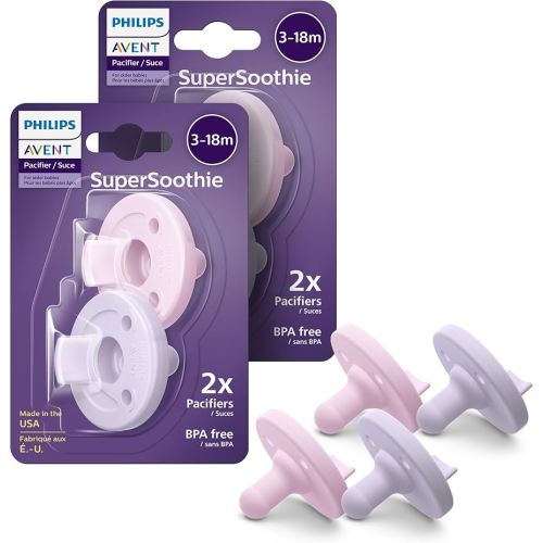 Philips Avent Soothie Orthodontic Baby Pacifiers, 100% Silicone Pacifiers, One Piece, BPA-Free, for Babies 3-18 Months, 2 Lilac and 2 Pink, 4 Pack, Model SCF192/70