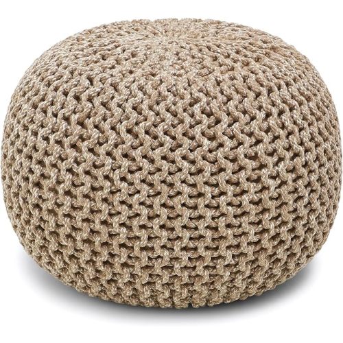 REDEARTH Round Pouf Ottoman - Hand Knitted Cable Boho Poof Home Décor Pouffe Circular Footrest for Living Room - Nursery - Bedroom - Lounge 100% Cotton (19.5"x19.5"x14") - Beige Ivory