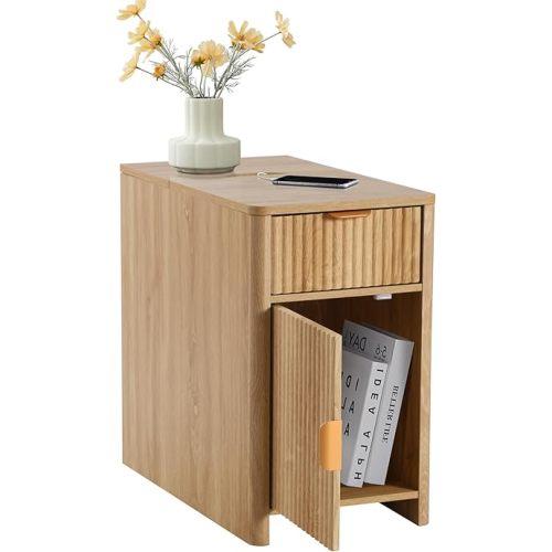 Fluted Narrow End Table with Charging Station, Boho Side Table with Drawer Storage, Small Night Stand with Power Outlets and USB Ports, Sofa Side Table for Living Room - Natural