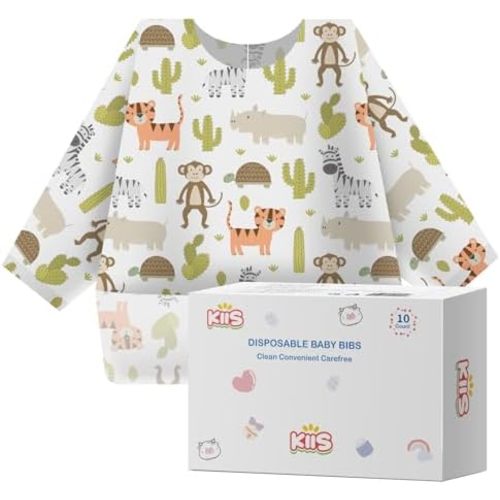 KIIS Disposable Baby Bibs, Waterproof Smock Bibs, Full Coverage for Toddlers & Kids, Mess-Free Feeding for Travel & Daycare