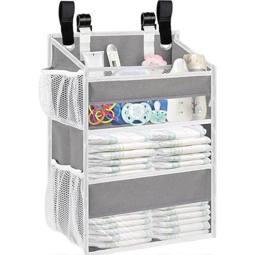 Ofiray-home Hanging Diaper Organizer for Changing Table,Cribs,Car,Playard or Wall & Nursery Organization-Durable 2-Tier Diaper Organizer with Mesh Pockets and Viewable Design, Won't Deform, Light Gray