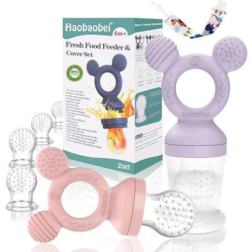 Baby Fruit Feeder, Frozen Teething Toys for Babies, Baby Teether Pacifier with 4 Extra Teats, Baby Eating Essentials, BPA Free Baby Feeding Supplies - 2-Pack (Lavender Pink)