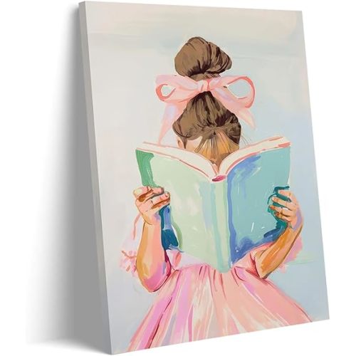 Brown hair girl reading book canvas wall art children reading wall decor picture Pastel little girl poster print pink bow aesthetic artwork for gallery library reading nook decoration,12x16in