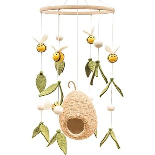 GLACIART ONE Baby Nursery Bumble Bee Mobile for Crib |Gender Neutral Mobile for Woodland Theme Nursery Decor | Felt Hanging Bee and Beehive Room Decorations Handmade from Natural Wool |Great Gift Idea