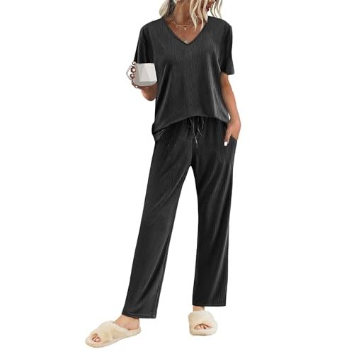 Ekouaer Womens Ribbed Knit Lounge Set Short Sleeve Top and Long Pants Sleepwear Pajama Set Two Piece Matching Outfits Set