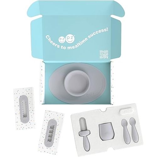 ezpz Kit 2: Learn to Eat and Drink (Pewter) - Tools to Help Your Baby Practice Chewing, Sipping, and Self-Feeding - Start Solids + Baby-Led Weaning Safely - Shower Essentials & Gifts