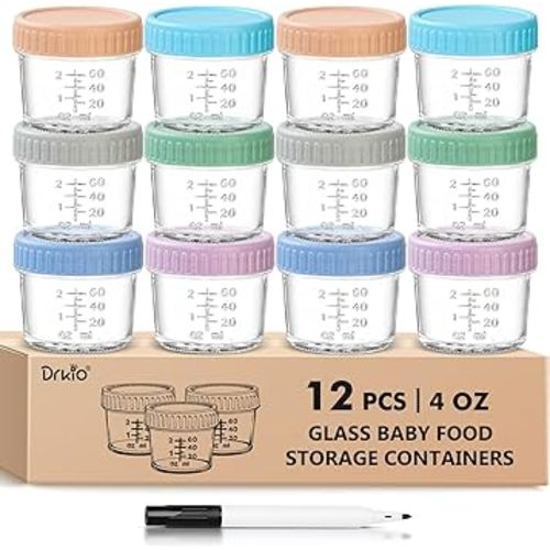12 Pack Glass Baby Food Storage Containers - 4 Oz Baby Food Jars with Lids Baby Food Maker Microwave Dishwasher Freezer Safe 100% Leak Proof BPA Free Reusable