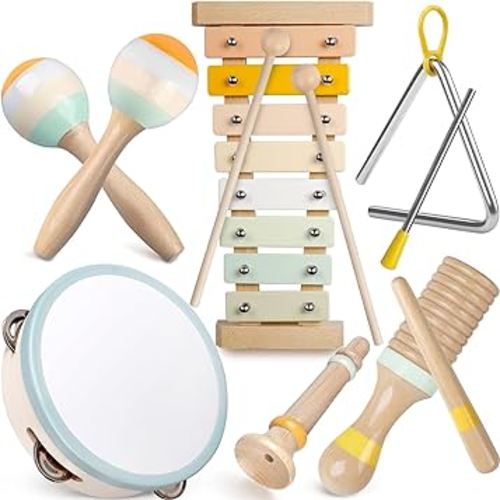 Baby Musical Instruments - Neutral Colors Musical Toys for Toddlers 1-3, Montessori Wooden Percussion Instruments Set with Modern Boho Xylophone Tambourine, Kids Preschool Educational Birthday Gifts