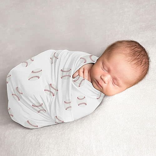 Sweet Jojo Designs Baseball Baby Boy Swaddle Blanket Jersey Stretch Knit for Newborn or Infant Receiving Security - Red and White Americana Sports