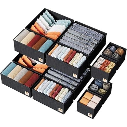 12 Pack Drawer Organizer for Baby Clothes, Nursery Drawer Organizer for Baby Diaper, Collapsible Deep Fabric Drawer Organizer with Zipper for Socks, Bra, Towels, Ties,Black