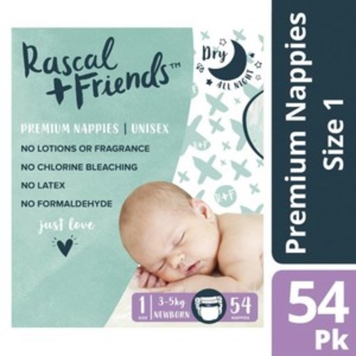 Rascals Premium Nappies Size 1 (3-5Kg) | 54 Pack