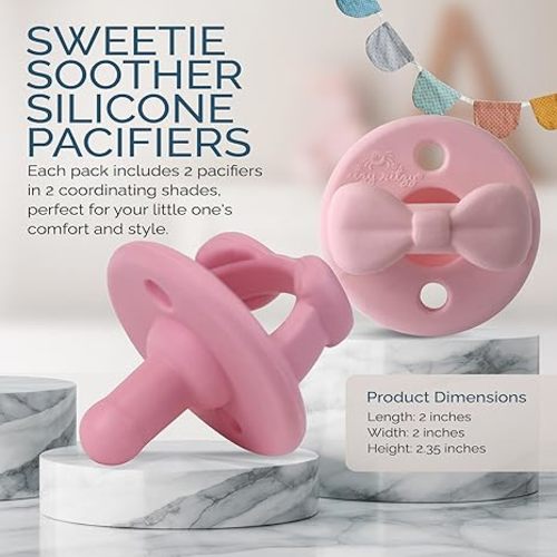 Itzy Ritzy Silicone Pacifiers for Newborn - Sweetie Soother Pacifiers Feature Collapsible Handle & Two Air Holes for Added Safety; for Ages Newborn and Up, Set of 2 in Light Pink & Dark Pink