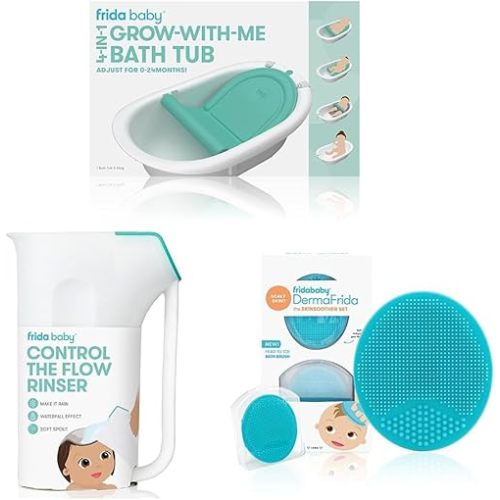 Frida Baby 4-in-1 Grow-with-Me Bath Tub & Control The Flow Polypropylene ABS Rinser & DermaFrida The SkinSoother Baby Bath Silicone Brush| Baby Essential for Dry Skin, Cradle Cap and Eczema (2 Pack)