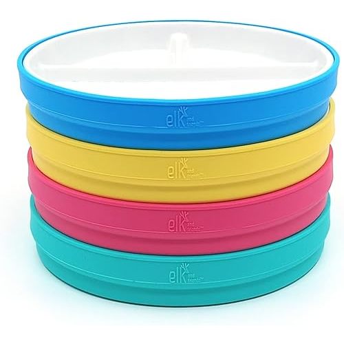 Elk and Friends Kids 6.7” Porcelain Divided Plates with Silicone Sleeves | Suitable for Babies/Kids/Toddlers | Microwave & Dishwasher Safe | Non Slip | Snack Dishes