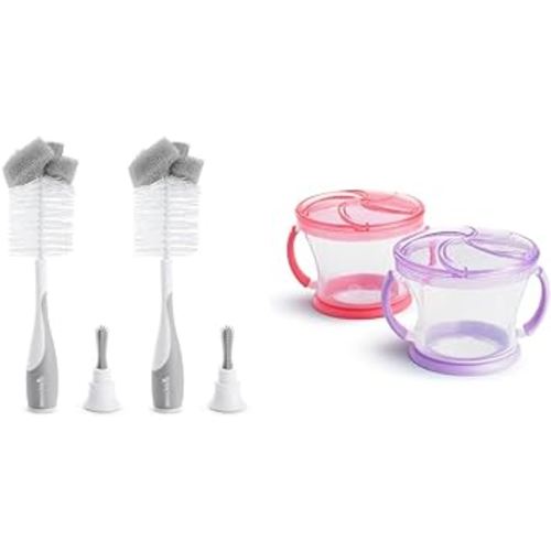 Munchkin® SpongeTM Bottle Brush, Grey, 2 Count & Snack Catcher® Toddler Snack Cups, 2 Pack for Kids, Pink/Purple
