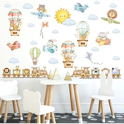 Train Animal Wall Stickers Cartoon Animal Wall Stickers Airplane Hot Air Balloon Wall Decals Watercolor Sun Cloud Wall Decals Cute Balloon Animal Wall Stickers for Nursery Kids Room Playroom Decor
