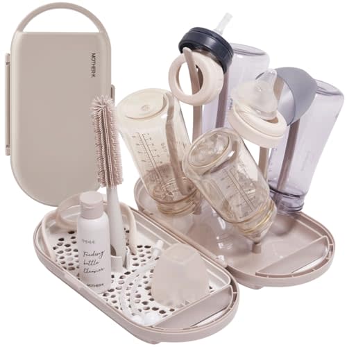 MOTHER-K Travel Baby Bottle Drying Rack Set - Baby Bottle Cleaner Kit with Cleanser and Mini Silicone Bottle Brush, Portable Bottle Drying Rack for Home and Travel (Cream Mocha)