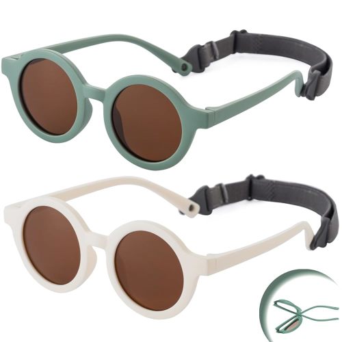 2 Piece Flexible Round Polarized Baby Sunglasses with Adjustable Strap for Infant Newborn Boys Girls Age 0-24 Months