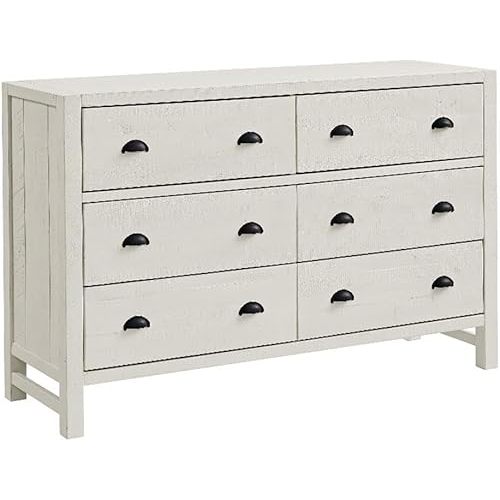 Alaterre Furniture Arden 6-Drawer Double Dresser, Rustic Driftwood White Finish, Solid Pine Wood, Black Metal Pulls, Anti-Tipping Kit Included, Bedroom Storage Organizer