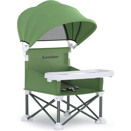 Portable Baby Booster Seat with Removable Tray & Canopy - Green