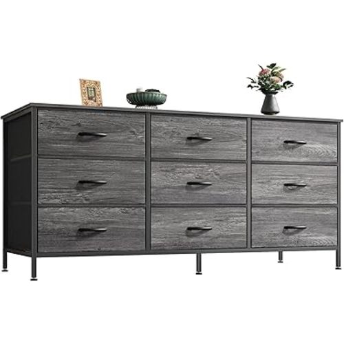 Huuger 9 Drawer Dresser, 47 Inch Dresser TV Stand for 50, 55 Inch TV, Entertainment Center with Drawers, Fabric Dresser Chest of Drawer for Bedroom, Closet, Grey