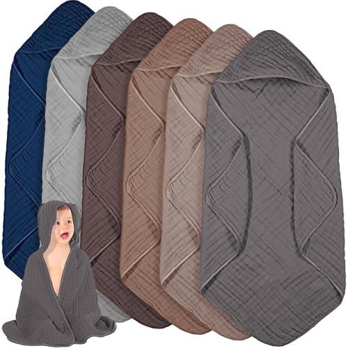 Peryiter 6 Pcs Muslin Hooded Baby Towels 32x32inch Cotton Newborn Bath Essentials Muslin Infant Blankets Absorbent Registry Baby Shower Present for Babies Girl Boy Kids (Gray Series)