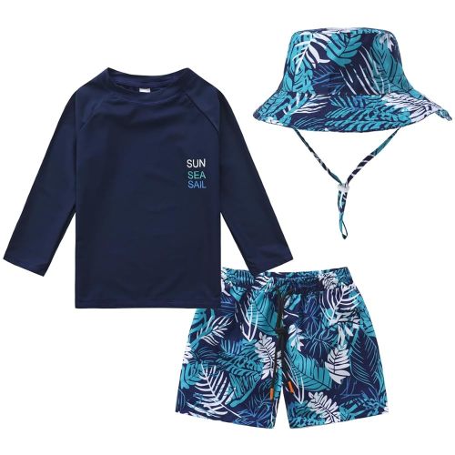 Baby-Boys Toddler Long Sleeved Rashguard Swim Bathing Suit and Sun Hat Set