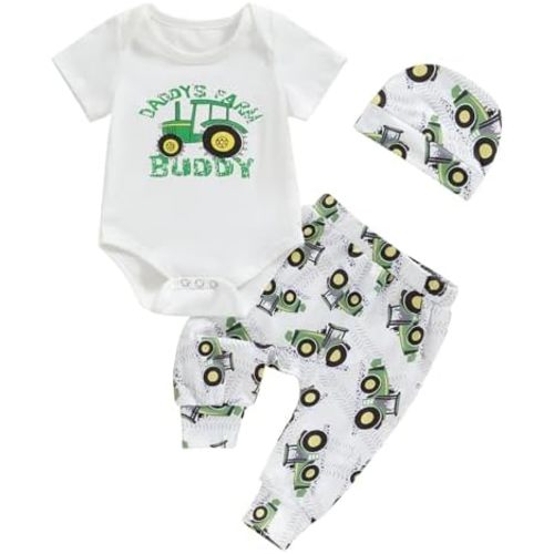 Newborn Baby Boy Tractor Clothes Cotton Funny Letter Bodysuit+Truck Leggings Hat Farm Baby Shower Coming Home Outfit