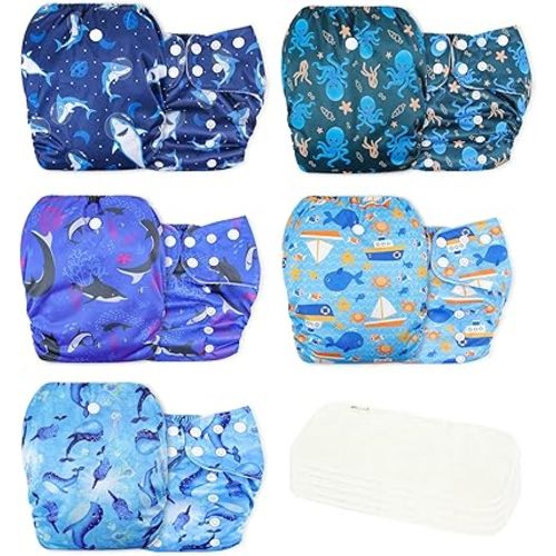 wegreeco Cloth Diapers 5 Pack with 5 Inserts, Washable Cloth Diapers for Babies, One Size Adjustable Reusable Diapers Baby (Ocean Adventure)