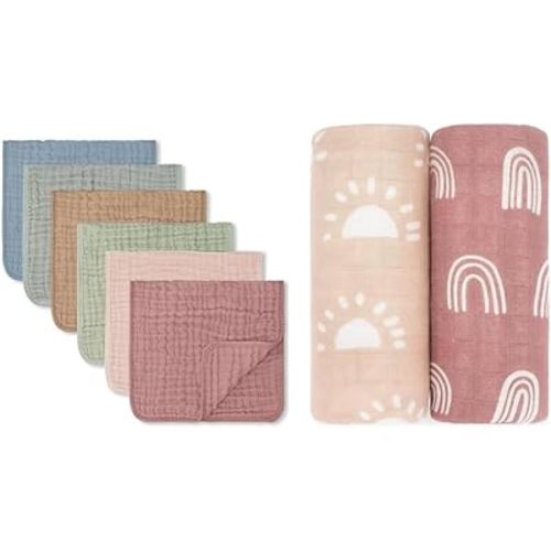 Comfy Cubs Muslin Burp Cloths and 2 Pack Muslin Swaddle Blankets Bundled