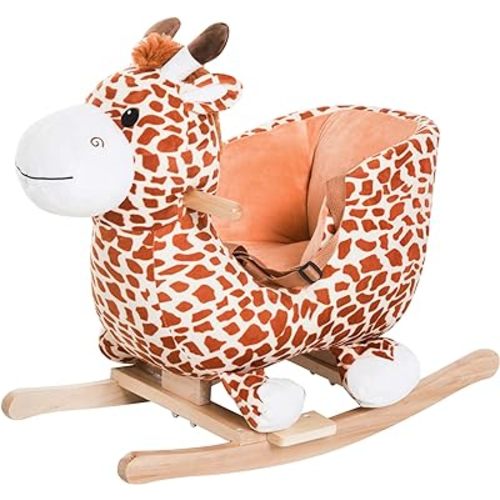 Qaba Kids Plush Ride-On Rocking Horse Toy Giraffe Style with Song for 18-36 Months, Brown