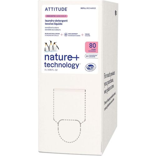 ATTITUDE Liquid Laundry Detergent Refill, EWG Verified, HE Compatible, Plant-Based & Vegan, Natural Laundry Soap, Unscented, 80 Loads, 67.6 Fl Oz