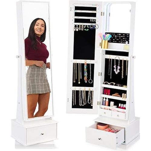 Best Choice Products 360 Swivel Mirrored Jewelry Cabinet, Standing Armoire, Makeup Storage Organizer, w/LED-lit Mirror, 3 Shelves - White
