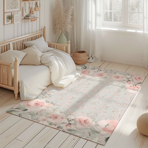 Gentle Pink Grey Rug for Nursery Room, Baby Room Area Rug, Modern Bedroom Rug, Pink Floral Rug, Round Rectangle Living Room Carpet