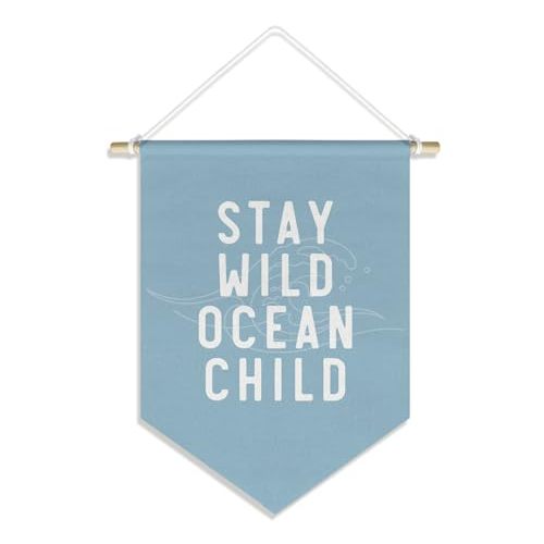DSHFG Ocean Nursery Decor, Stay Wild Ocean Child Wall Hanging Canvas Banner, Baby Blue Nautical Nursery Hanging Pennant Flag Posters Prints for Baby Boy Girl Toddler Kids Room Playroom Decor, 15x11in