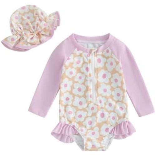 MERSARIPHY Baby Girl One-Piece Swimsuit Rash Guard Toddler Infant Zipper Long Sleeve Swimwear+Hat Bathing Suit Swimwear